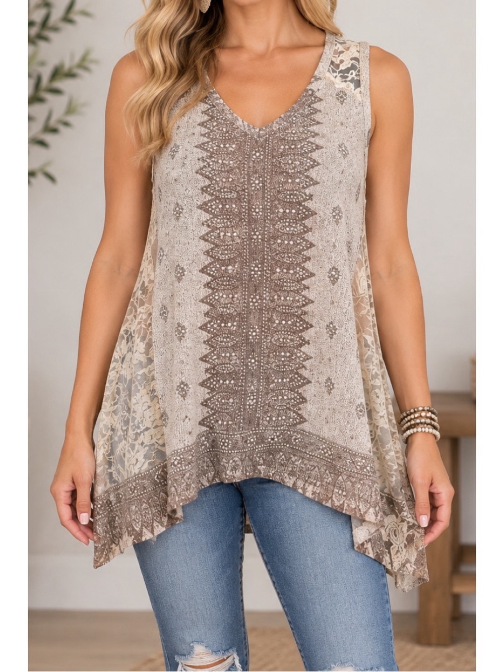 Vocal Boho Embellished Sleeveless Top – Size Large
